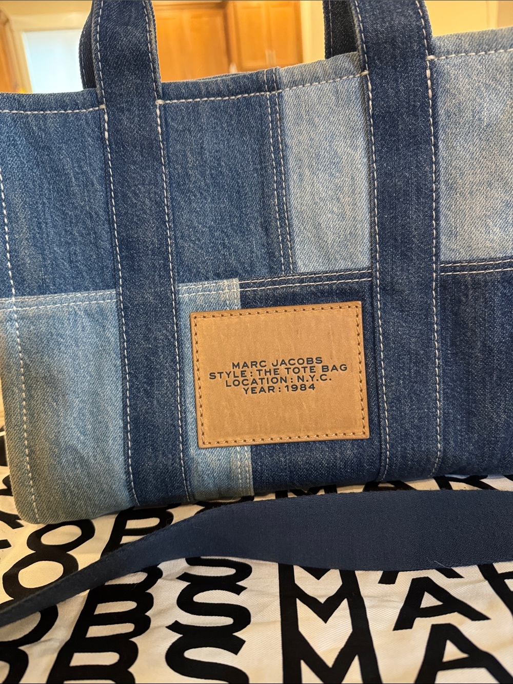 Marc Jacobs Denim Patchwork 'The Tote Bag' in Blue with Tan Trim - Picture 2 of 8